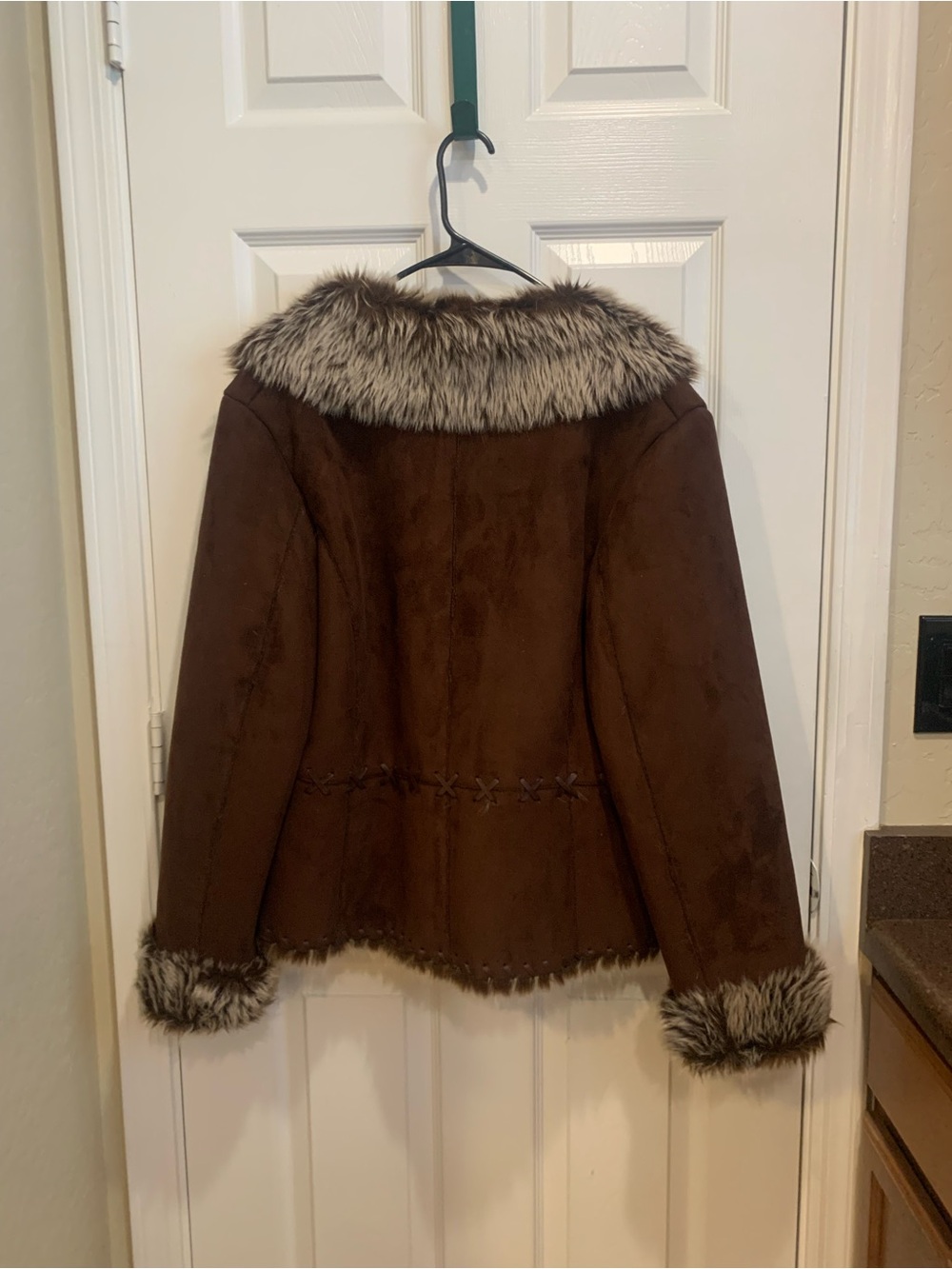Brown Faux-Shearling Trim Suede Jacket - Women - Picture 9 of 9
